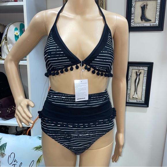 COCOSHIP Striped High Waist Bikini Set Tassel Trim Top Halter Straps Swimsuit - Picture 3 of 16